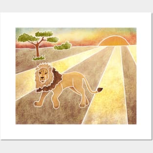 Majestic Lion in the Savannah, Batik silk painting style Posters and Art